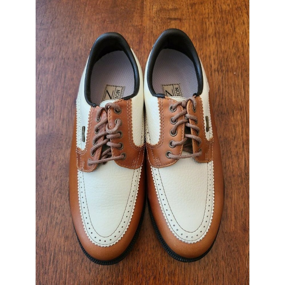 MIZUNO MIZ Collection Brown & White Leather Golf Shoes Size 5.5 M Plastic Spikes